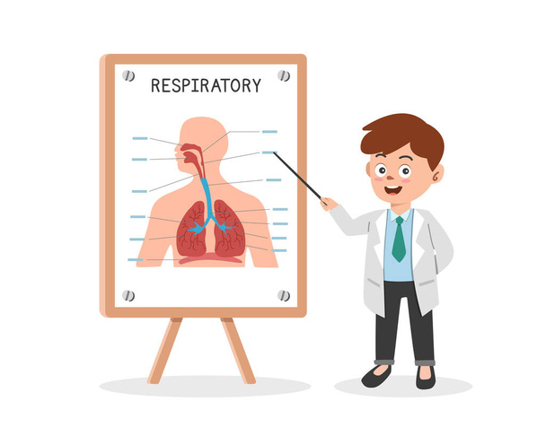 呼吸器系は漫画のスタイルをクリアします。医学セミナーフラットベクトル図で人間の呼吸器系を提示医師.ナサル肺横隔膜。病院、医療、医師会議のコンセプト - ベクター画像