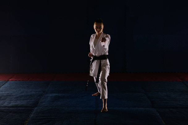 Güzel bir karateci kızın silueti karate stüdyosunda Oi tsuki pozu veriyor. - Fotoğraf, Görsel