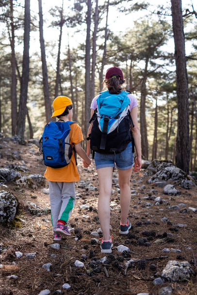 Family lifestyle, mother and son, child outdoors on a hike, travel, vacation together with the child. travel and adventure. - Zdjęcie, obraz
