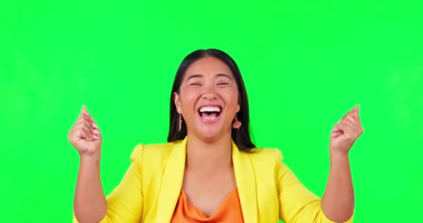 Green screen, celebration and happy woman face in studio with bonus, news or promotion, sale or discount on mockup background. Portrait, smile and asian lady winner celebrating coming soon promo. - Imágenes, Vídeo