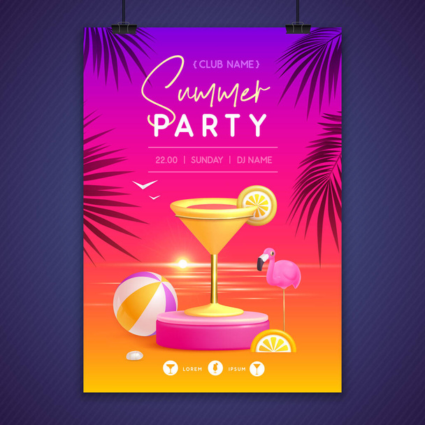 Summer disco party poster with 3d stage and cosmopolitan cocktail. Colorful summer beach scene. Vector illustration - Вектор, зображення