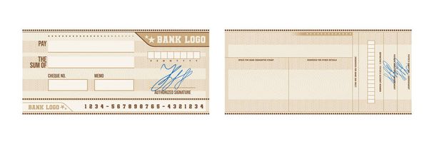 Signed blank bank check mockup with beige guilloche pattern isolated at white background realistic vector illustration - ベクター画像