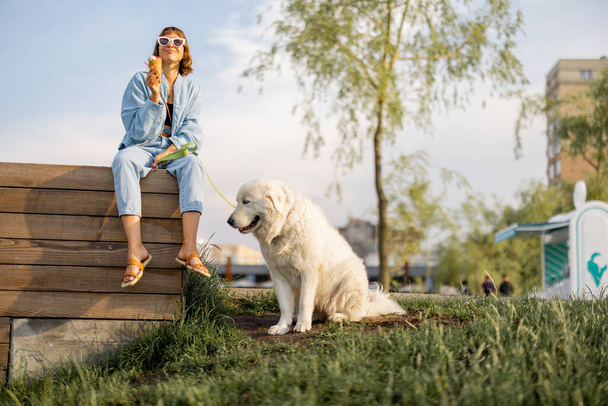 Mujer joven comiendo helado mientras está sentada en el banco con su lindo perro blanco en el parque. Pasar tiempo libre juntos - Foto, Imagen