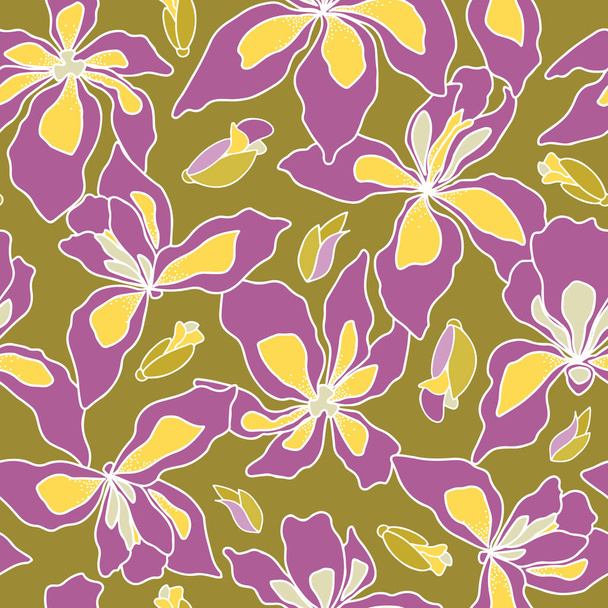 Iris virágok nagy léptékű zökkenőmentes minta zöld háttér. Textil-, csomagolópapír-, csomagolás- és barkácsprojektekhez. - Vektor, kép