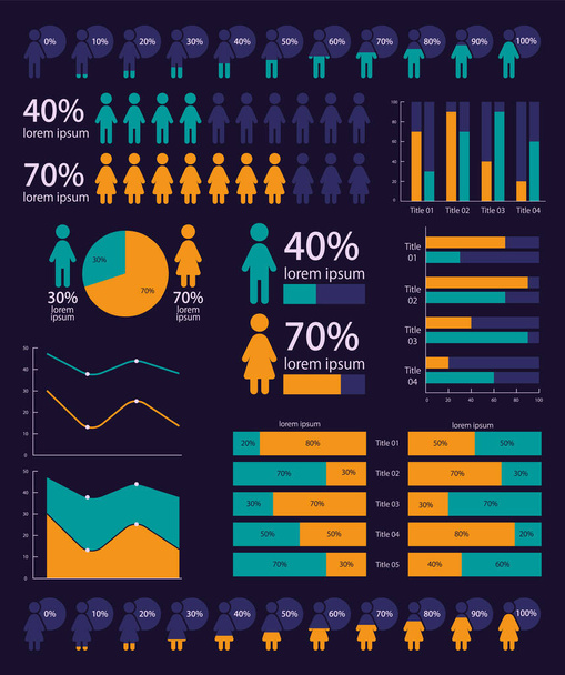 Population development study infographic chart design template set for dark theme. Visual data presentation. Editable bar graphs and circular diagrams collection. Myriad Variable Concept font used - Vector, Image