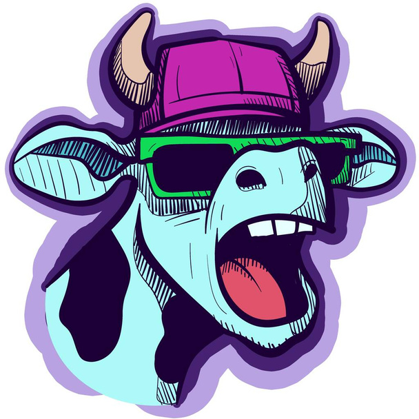 Illustrazione di una mucca graffiti con occhiali da sole e un cappello hiphop urlando. Vettore di un toro hip hop fresco che parla - Vettoriali, immagini
