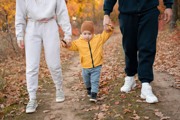 Pais felizes levam seu filhinho pelas mãos em um passeio na floresta de outono. Família feliz e conceito de infância - Foto, Imagem
