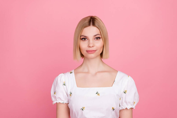 Portrait of amazing blonde lady optimistic smiling positive person wear spring vintage shirt isolated pastel pink color background. - Photo, Image