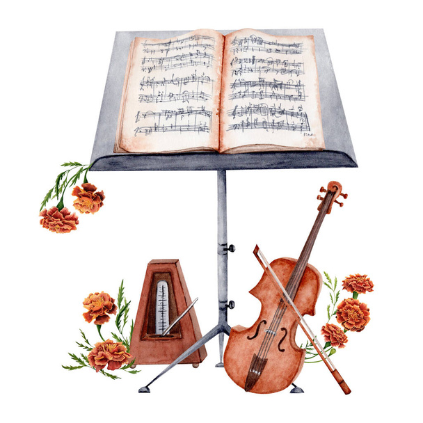 Klassisches Musik-Element mit Geige, Notenpult und blumengeschmücktem Metronom. Aquarell-Illustration auf weißem Hintergrund. - Foto, Bild