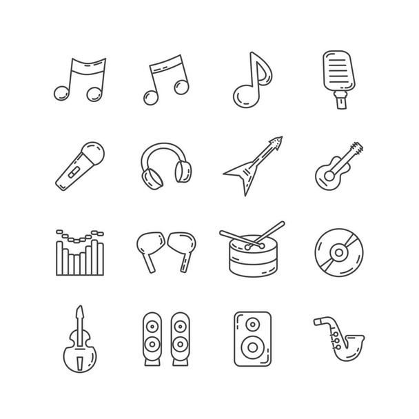 Música, conjunto de iconos de línea de sonido con ecualizador, instrumentos, auriculares - Vector, Imagen