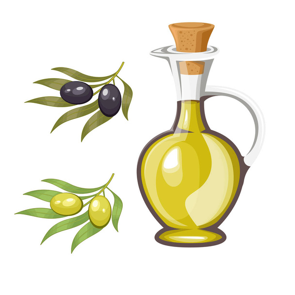 Olive oil bottle with olive and masline branches organic raw olive oil - Vector, Image