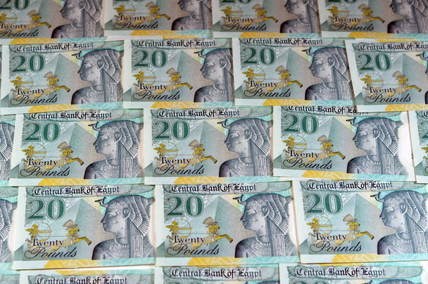 Nowy egipski 20 EGP LE dwadzieścia funtów polimerowych banknotów pieniężnych banknot funkcje Mohamed Ali Meczet, ozdobiony dotykowe kropki ADA Braille, królowa Kleopatra, Wielka Piramida i rydwan wojskowy faraona - Zdjęcie, obraz