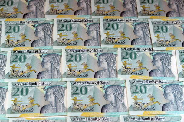 Yeni Mısır 20 EGP LE 20 polimer nakit para banknotu Mohamed Ali Camii, dokunsal ADA Braille noktalarıyla süslenmiş, Kraliçe Kleopatra, Büyük Piramit ve firavun askeri savaş arabası - Fotoğraf, Görsel