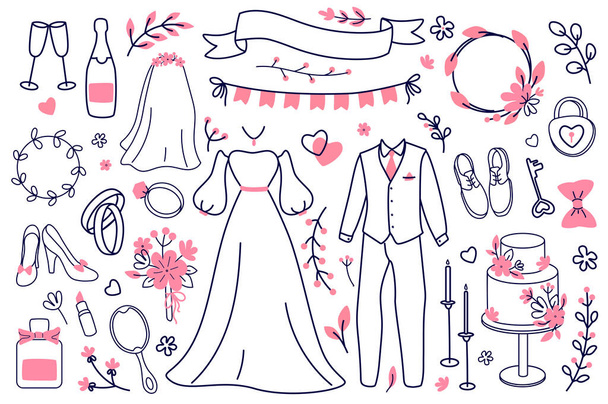 Wedding outline objects mega set in graphic flat design. Bundle elements of bride dress, groom suit, flowers, champagne, glasses, rings, cake, other line signs. Vector illustration isolated stickers - Vector, afbeelding