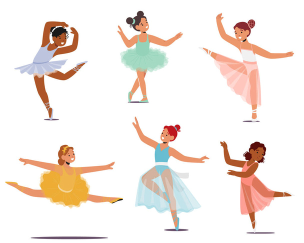 Zestaw Graceful Little Ballerina Girl Characters Twirl in Tutu, przechwytywanie serca z każdym delikatnym ruchem, biorąc lot na parkiecie. Dziewczynki Tancerki. Ilustracja wektor ludzi z kreskówek - Wektor, obraz