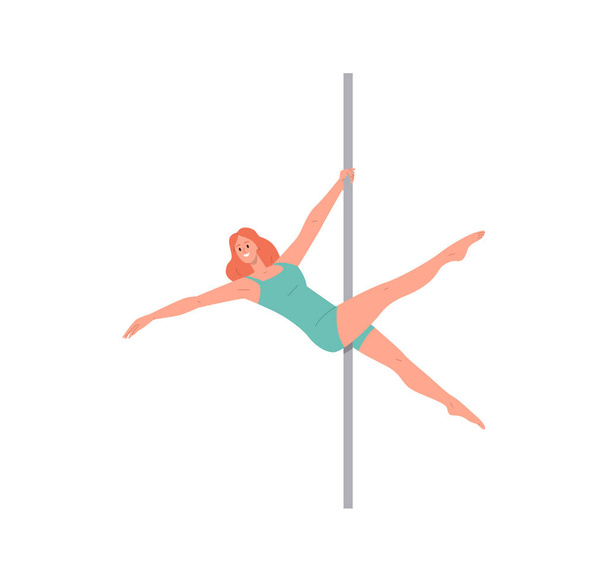 Приваблива струнка фітнес-леді полюса танцюриста в спортивному одязі, що висить на пілоні, виконуючи елегантні трюки позування і вправи Векторні ілюстрації ізольовані на білому тлі. Акробатичний спорт
 - Вектор, зображення