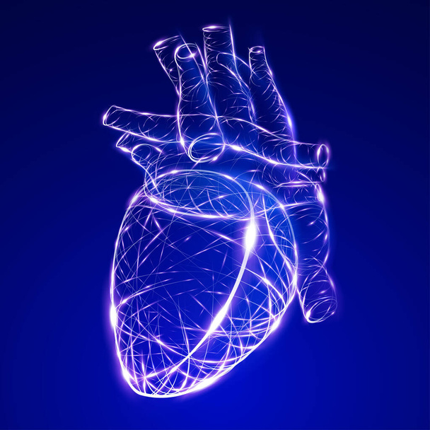 Ilustração de linhas curvas brilhantes na forma de um coração em um fundo azul escuro. - Foto, Imagem