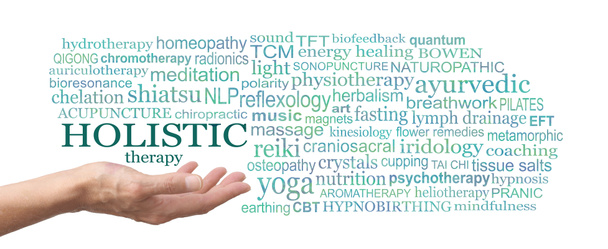 Choose from many different Holistic therapies word cloud - female therapist with open palm and an HOLISTIC THERAPY word tag cloud floating above against a white background - Photo, Image