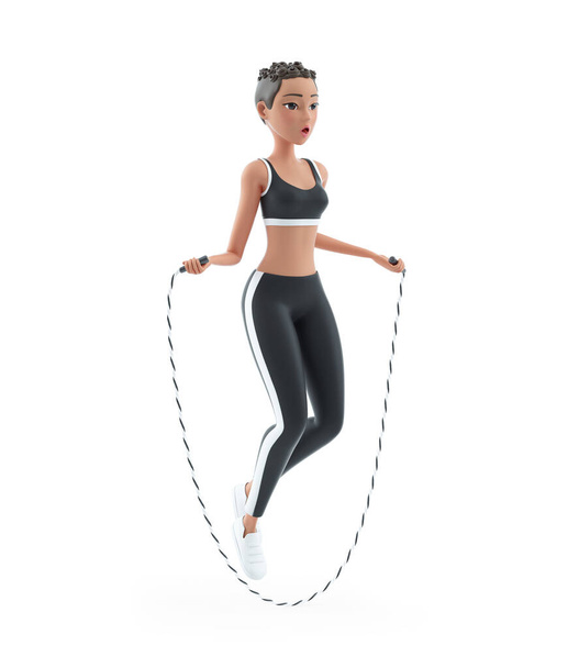 3d sporty character woman jumping rope, illustration isolated on white background - Foto, Bild