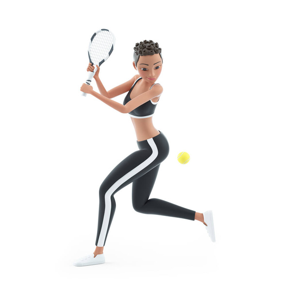 3Dスポーティーなキャラクターの女性はテニスをプレイ,白の背景に隔離されたイラスト - 写真・画像