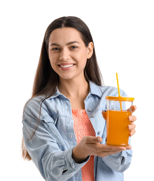 Young woman with glass of vegetable juice on white background - Foto, afbeelding