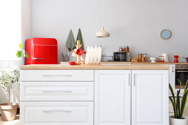Belső tér világos konyha piros hűtőszekrény, pult és a szobanövények - Fotó, kép