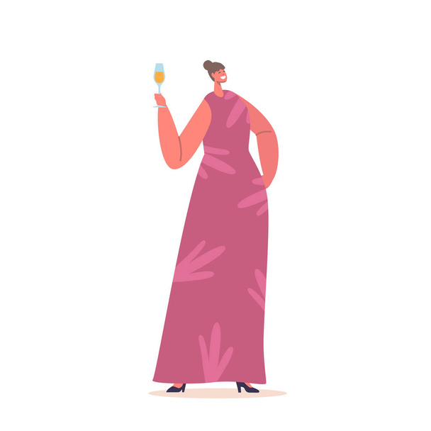Joven mujer elegante personaje sosteniendo copa de vino, ya sea en un evento social o relajarse en casa, exudando confianza y sofisticación con una sonrisa sutil pero atractiva. Dibujos animados Gente Vector Ilustración - Vector, imagen