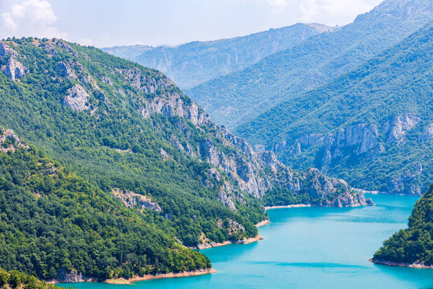 Aerial view of Piva lake or Pivsko Jezero between mountains covered with green trees - Foto, Imagem