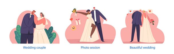 Isolated Elements with Elegant Bride In A White Gown And Groom In A Tuxedo, Standing Next To Each Other With Loving Smiles On Their Faces, Ready To Exchange Their Vows And Celebrate Their Union - Vector, Image