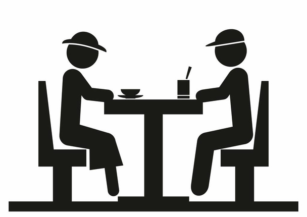 dwie osoby siedzące w restauracji, pijąca kobieta i mężczyzna, czarna sylwetka na białym tle, symbol strony wektorowej, ilustracja - Wektor, obraz