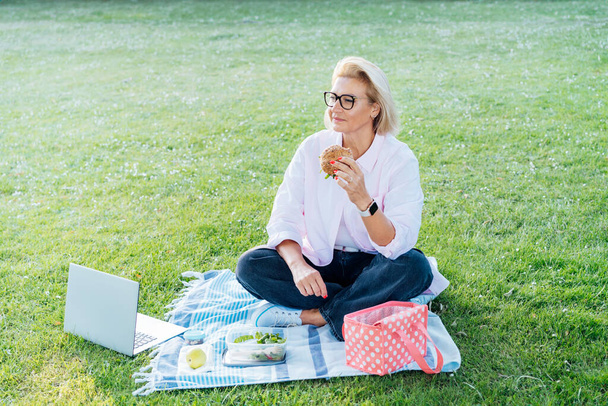 Middle-aged woman sitting on green grass, eating healthy lunch and working on laptop. Working remotly, having picnic during break. Balanced diet lunch box with salad and sanwich. Healthy eating habit - Fotografie, Obrázek