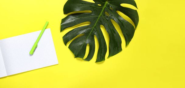 Opened notepad, pen and monstera sheet on a yellow background. Notebook, top view. Flat lay, copy space. Place for text - Photo, Image