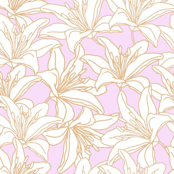 Lily flower hand drawn seamless pattern for textile or wallpaper. Vector background - Vector, Image