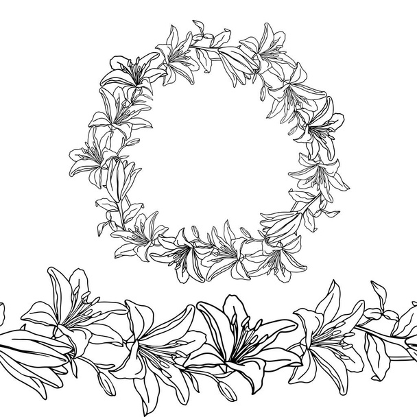 Ghirlanda di testa di fiore di giglio per disegno nuziale. Carina ghirlanda con gigli - Vettoriali, immagini