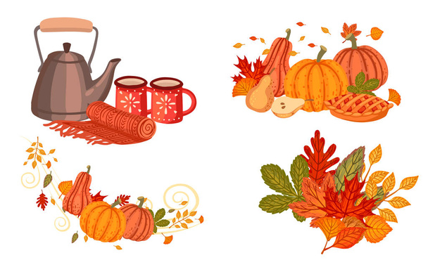 Set van herfst thema objecten vector illustratie geïsoleerd op witte achtergrond. - Vector, afbeelding
