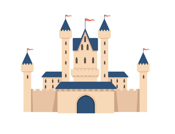 Fantasía medieval castillo de piedra con torres puerta y banderas color azul estilo vector ilustración aislado sobre fondo blanco. - Vector, Imagen