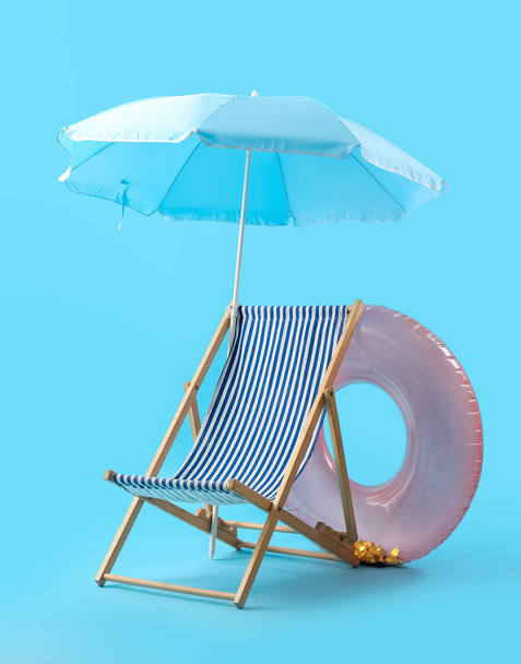 Krzesło z parasolem i nadmuchiwanym pierścieniem na niebieskim tle. Koncepcja wakacji letnich - Zdjęcie, obraz