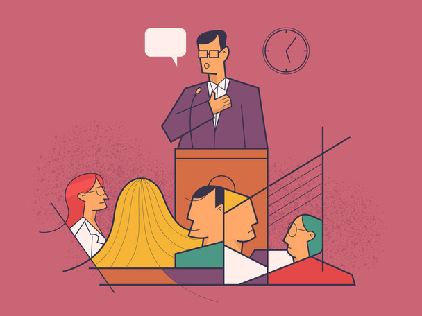 Speaker from the podium giving a speech from a lectern with microphones in front of an audience - Vector, Image