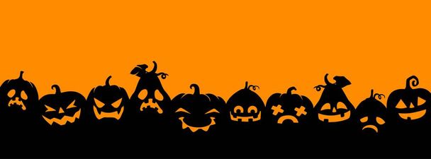 Halloween pompoen silhouetten panorama achtergrond. Halloween vakantie vector horizontale achtergrond of horror wallpaper met Jack o lantaarn eng en griezelige gezichten, pompoen lachend snijwerk - Vector, afbeelding