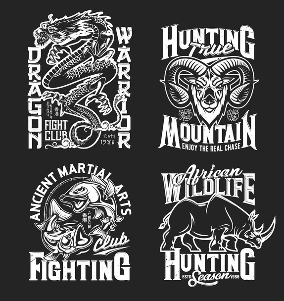 Dragon, rhino, goat and fish mascots and t-shirt prints. Vector sports, fighting or hunting club black and white prints for uniform, tshirt activewear monochrome template with animals and lettering - Vector, Image