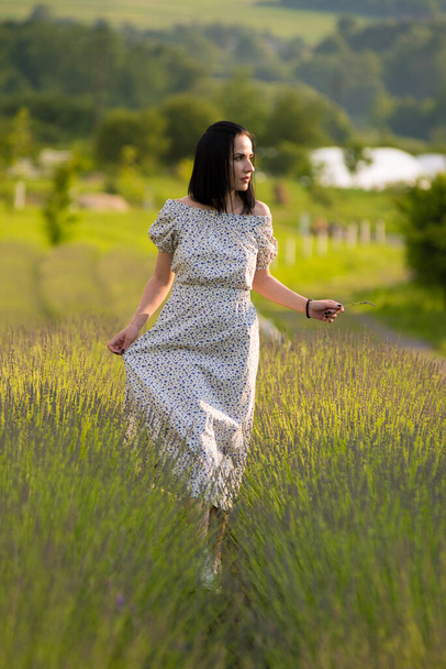 bela mulher andando em campos de lavanda - Foto, Imagem