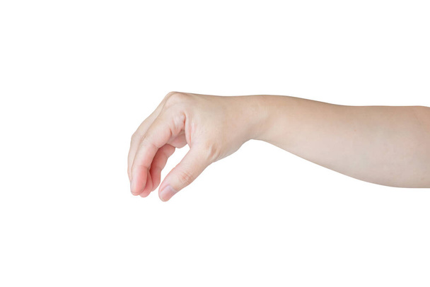 Handbewegung einer Frau, die etwas Isoliertes auf weißem Hintergrund hält - Foto, Bild