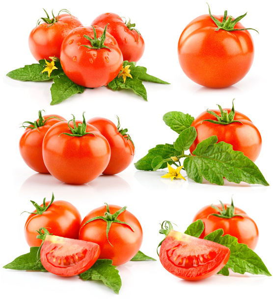 Set of red tomato vegetable with cut and green leaves - Valokuva, kuva