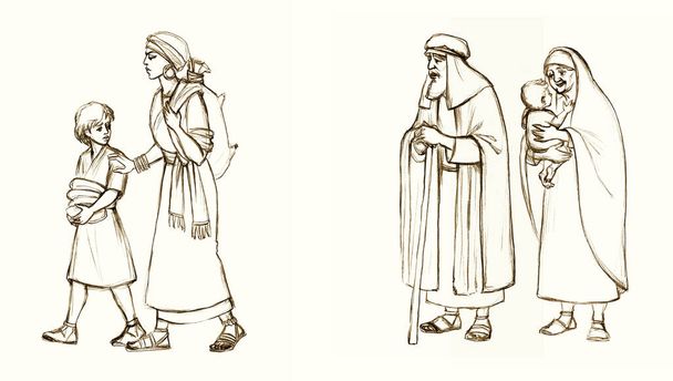 Sad thirsty Egypt Hebrew maid slave lady girl carry water bag walk go out travel expel desert land sky. Hand drawn black sketch art retro age stand male robe cloth stick god faith Jew eject pray story - Photo, Image