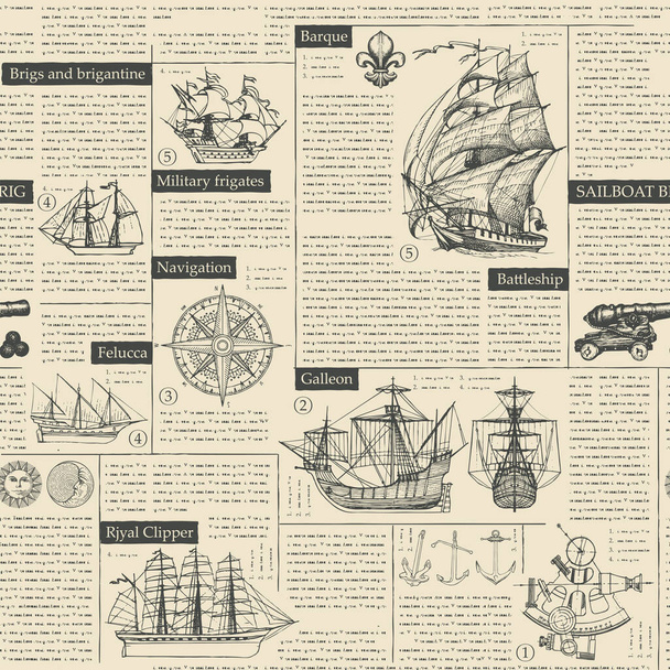 seamless vector pattern background with drawings on the theme of sailing ships and sea travel and adventure. magazine or newspaper page. suitable for wallpaper, wrapping paper. - Вектор, зображення