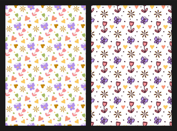 Patrones florales infantiles sin costuras, conjunto de 2 diseños lindos, estilo de bebé de dibujos animados doodle, diseño gráfico de trazo de pincel dibujado a mano. Ilustración vectorial. Paleta de colores rosa-azul-amarillo pastel. Fondo blanco - Vector, Imagen