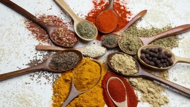 Fondo de especias. Especias de comida india y asiática sobre cucharas y fondo oscuro. Curry, pimienta, chile como ingredientes de la cocina india - Imágenes, Vídeo