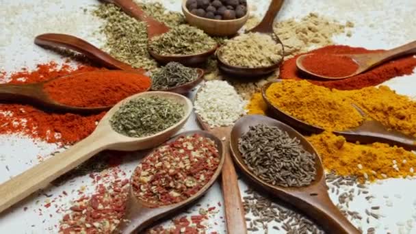 Fondo de especias. Especias de comida india y asiática sobre cucharas y fondo oscuro. Curry, pimienta, chile como ingredientes de la cocina india - Metraje, vídeo