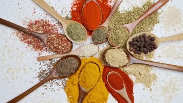 Spezie di sfondo. Spezie alimentari indiane e asiatiche su cucchiai e sfondo scuro. Curry, pepe, peperoncino come ingredienti della cucina indiana - Filmati, video