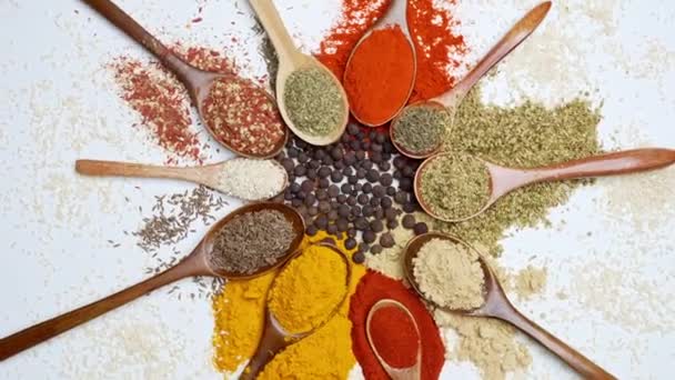 Fűszerek háttér. Indiai és ázsiai étel fűszerek kanalakon és sötét háttérrel. Curry, bors, chili, mint az indiai konyha összetevői - Felvétel, videó